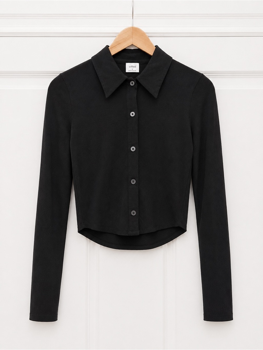 WILFRED Black Cropped Button-Front Collared Top